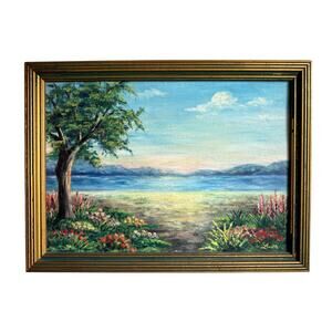 Vintage 1950s Lake Landscape Oil Painting Signed Lucille Lill